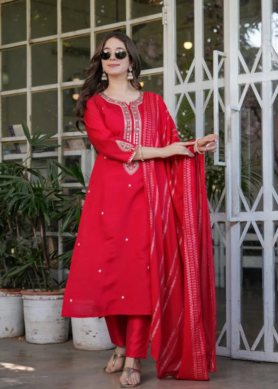 Red Heavy Chanderi Silk Kurti