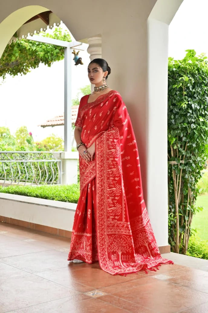 Woman in a red saree standing in an outdoor setting with greenery.