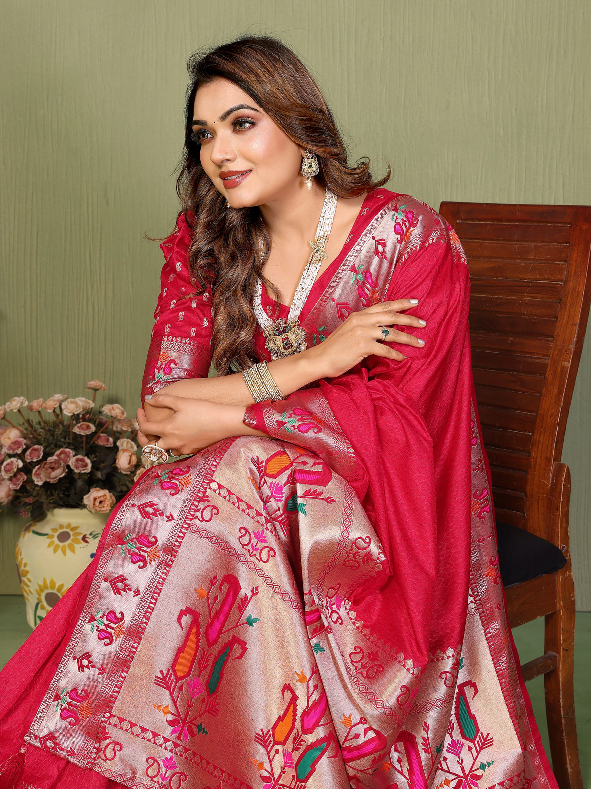 Woman in a traditional pink saree with floral patterns sitting on a wooden chair.