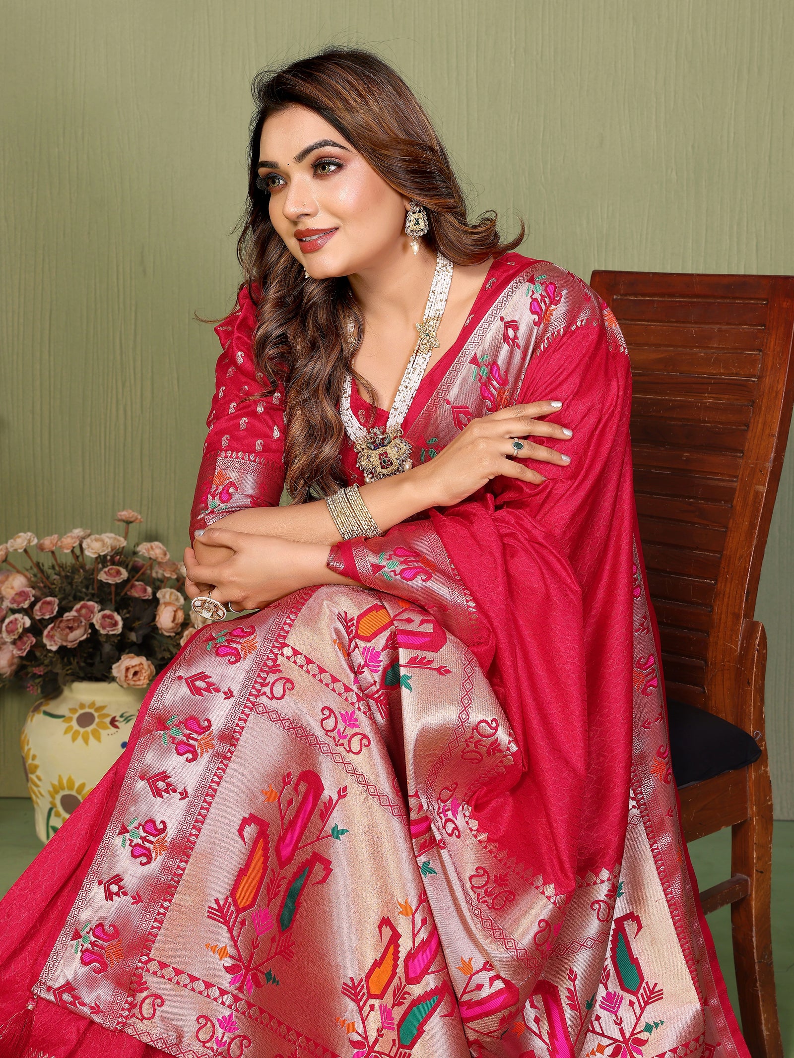 Woman in a traditional pink saree with floral patterns sitting on a wooden chair.