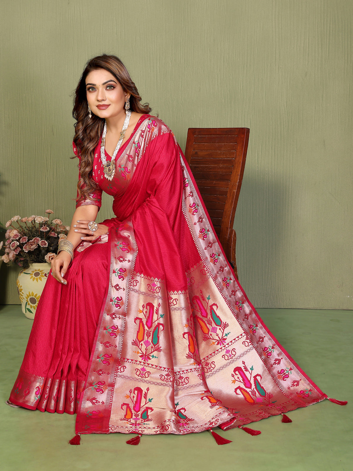 Woman wearing a pink saree with intricate patterns on a green background