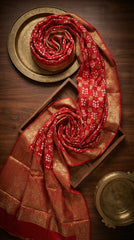 Red and gold patterned fabric on a wooden surface with gold coasters.