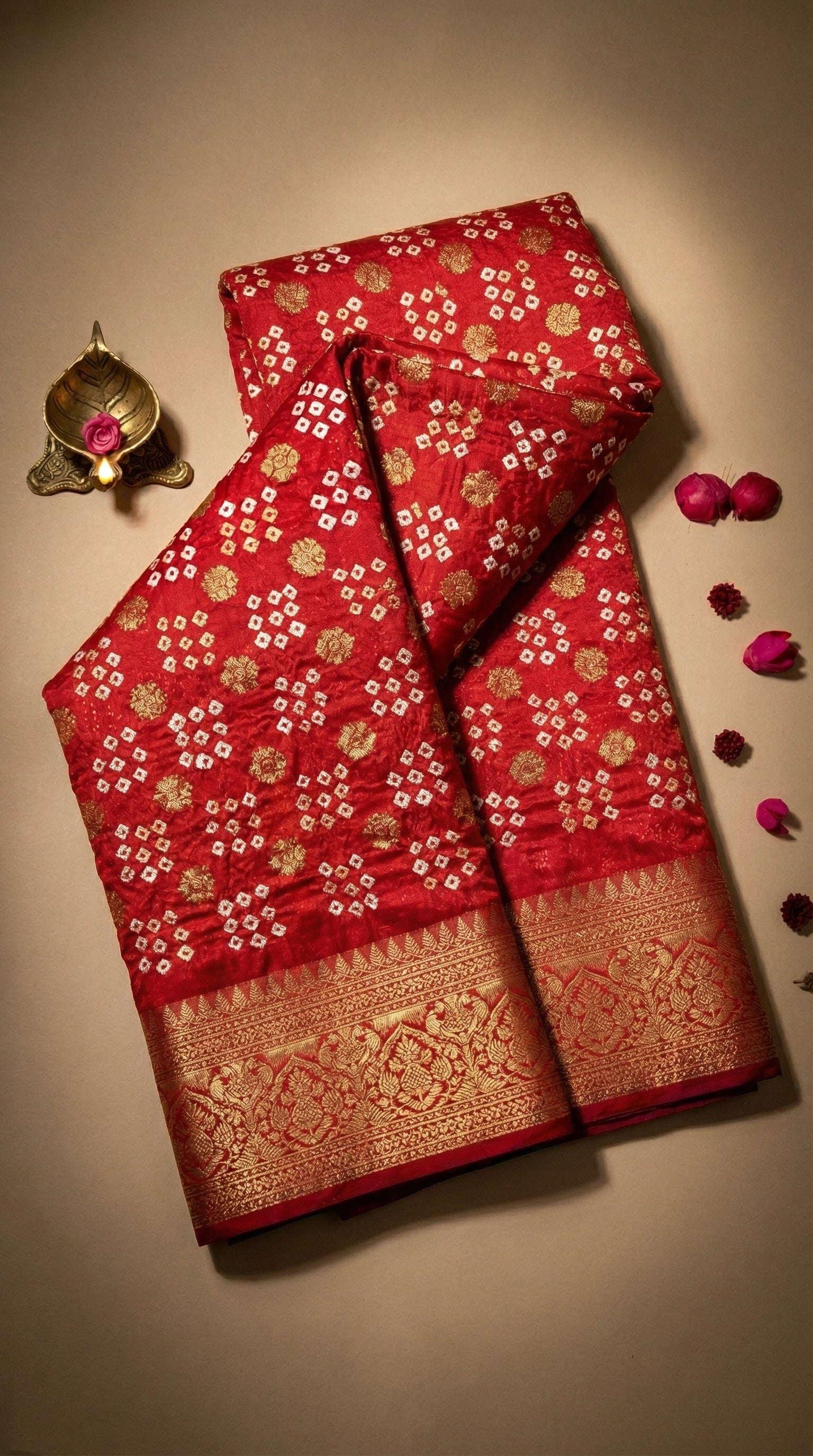 Red saree with gold patterns on a beige background