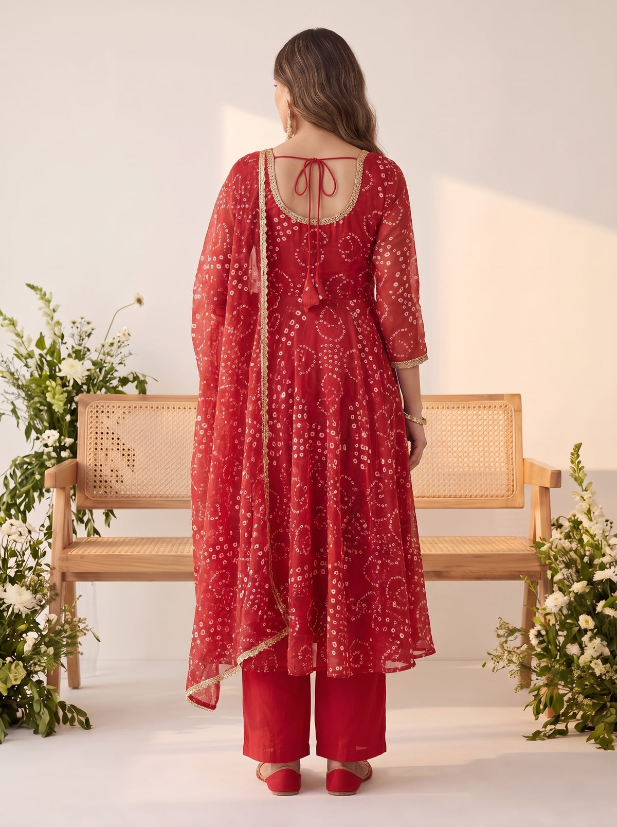 Maroon Bandhani Print Suit – Straight Pant, Full Sleeve