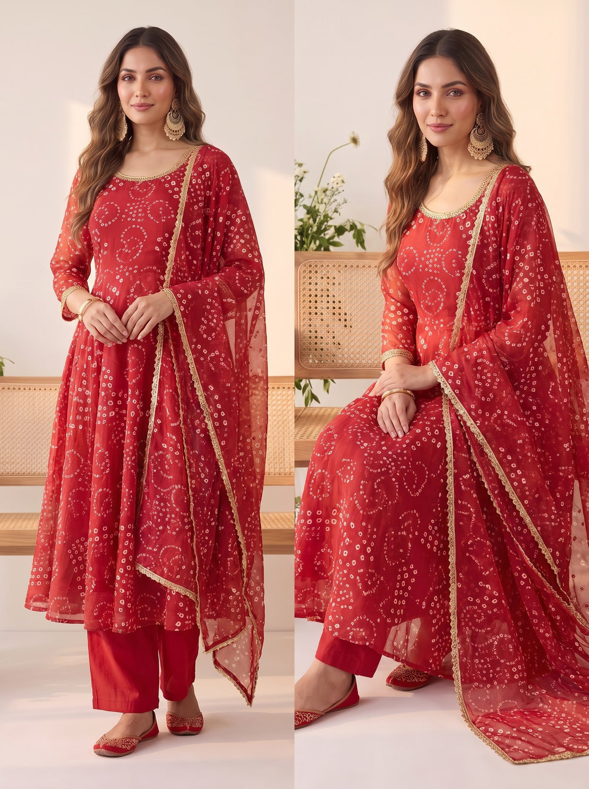 Maroon Bandhani Print Suit – Straight Pant, Full Sleeve