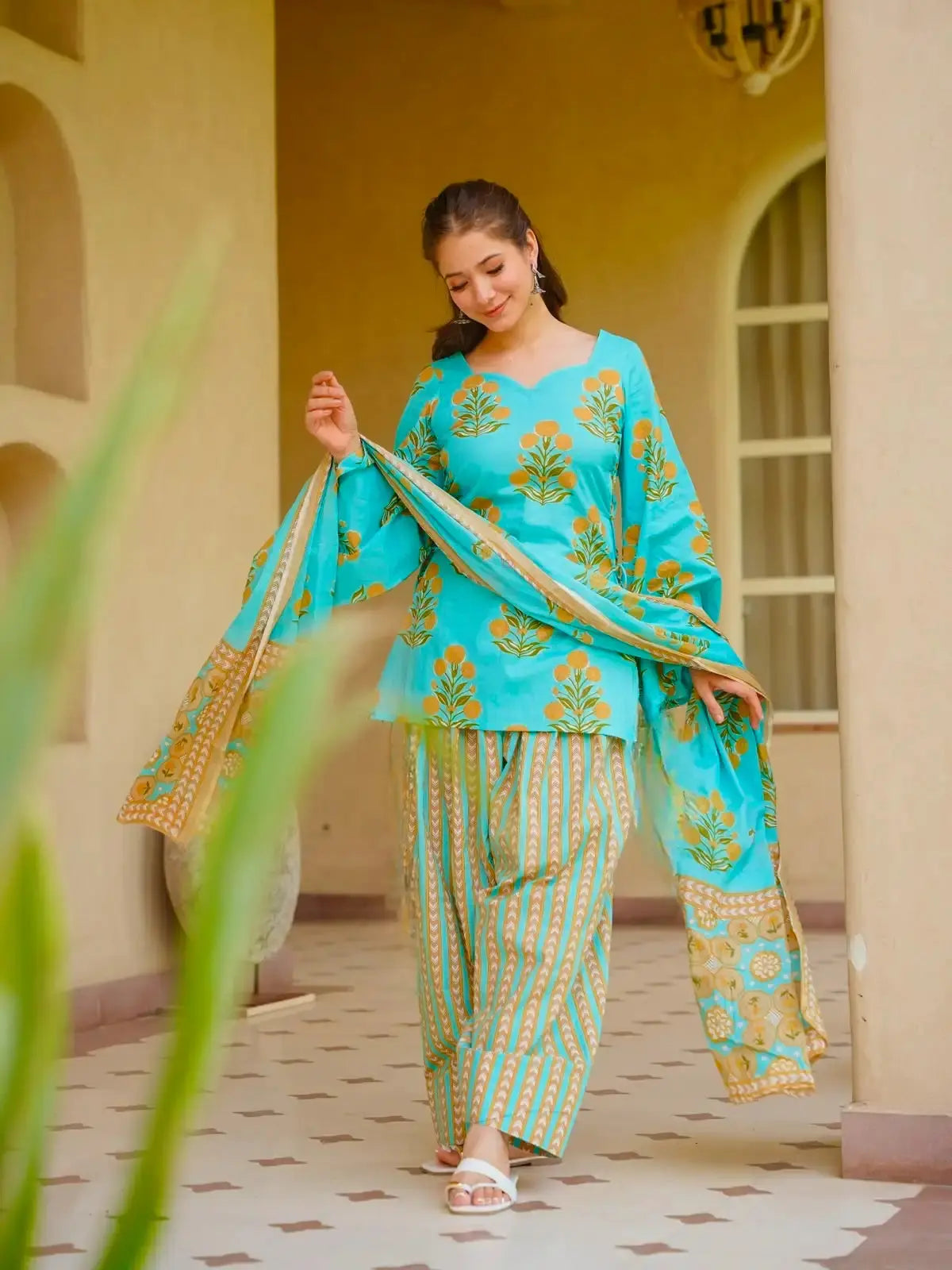 Sky Blue Floral Print Kurti with dupatta – full length view