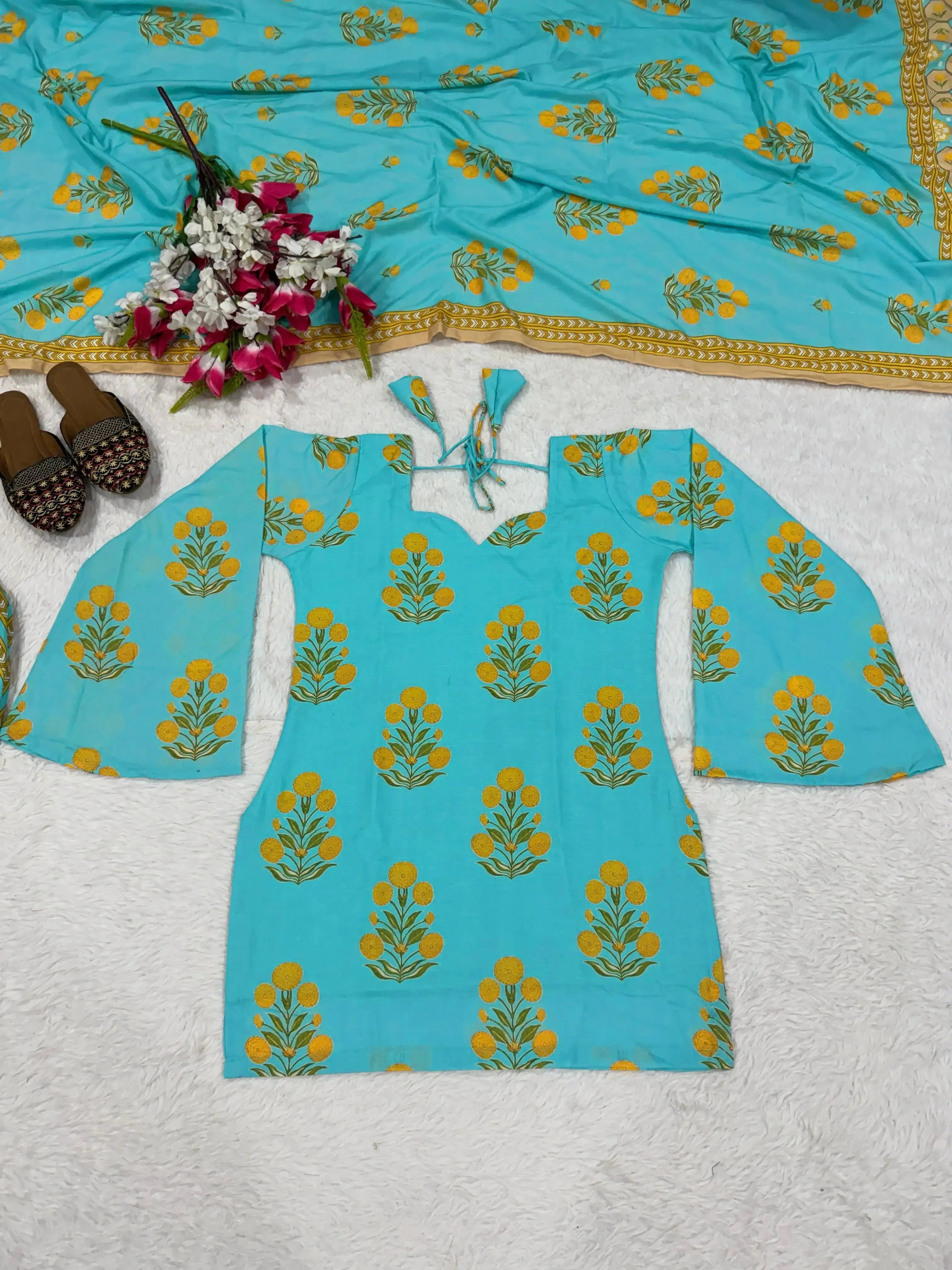 Sky Blue Digital Floral Print Kurti flat lay with matching dupatta