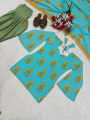 Sky Blue Digital Floral Print Kurti Set – kurti, pant and dupatta flat lay