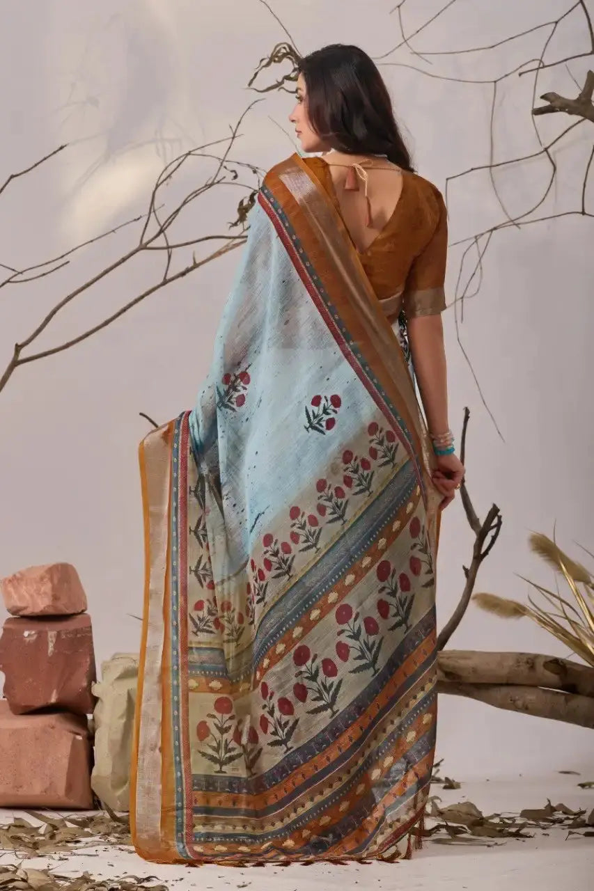 Sky Blue Linen Cotton Saree – back drape view showing pallu fall and mustard contrast border