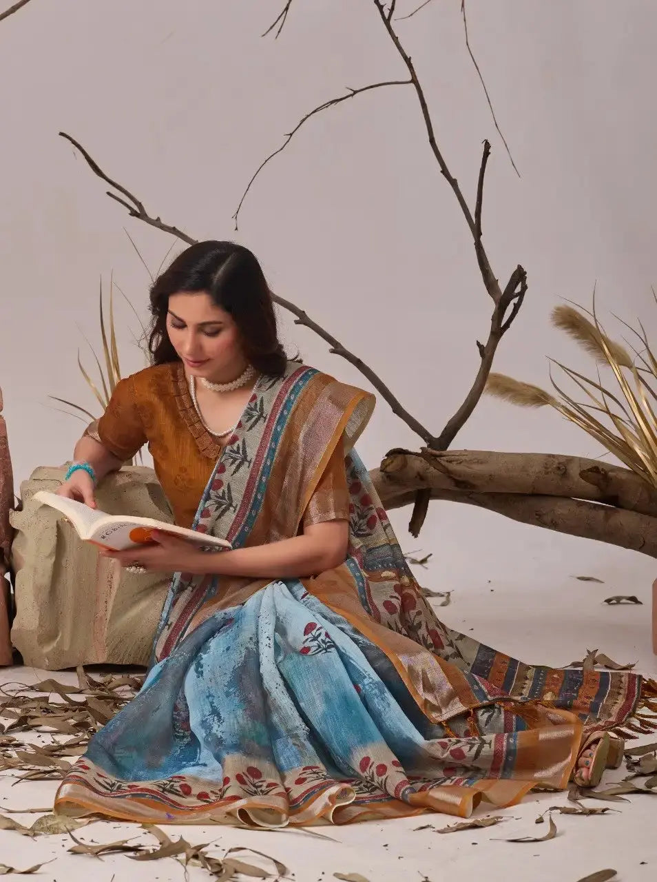 Sky Blue Digital Floral Print Linen Cotton Saree – casual seated drape, ideal for festival and daily wear