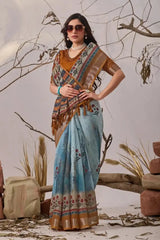 Sky Blue Linen Cotton Saree with Digital Floral Print – full front drape, styled with sunglasses and pearl necklace