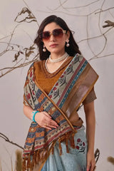 Sky Blue Digital Floral Print Saree – pallu close-up with folk-art stripe bands and floral motifs