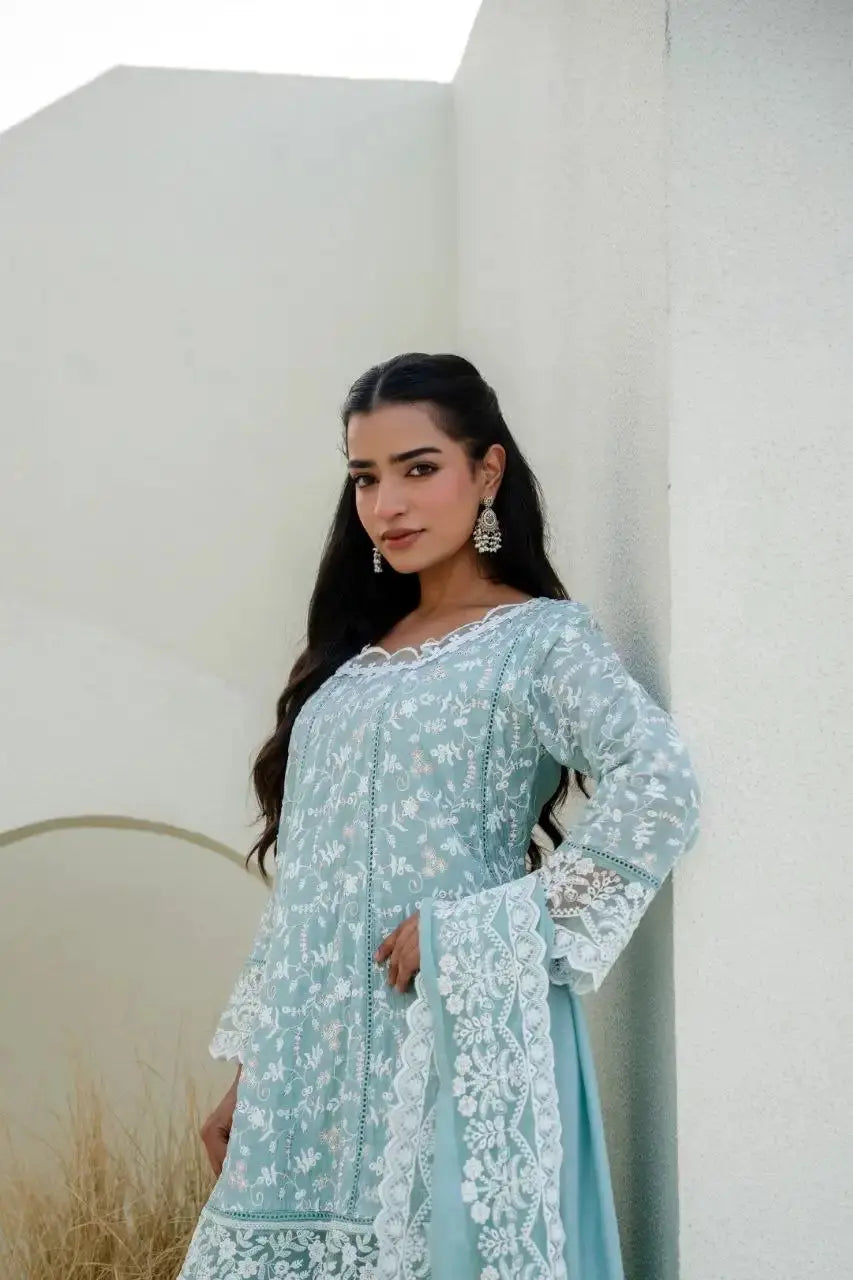 Sky Blue Sequins Suit with lace border dupatta draped