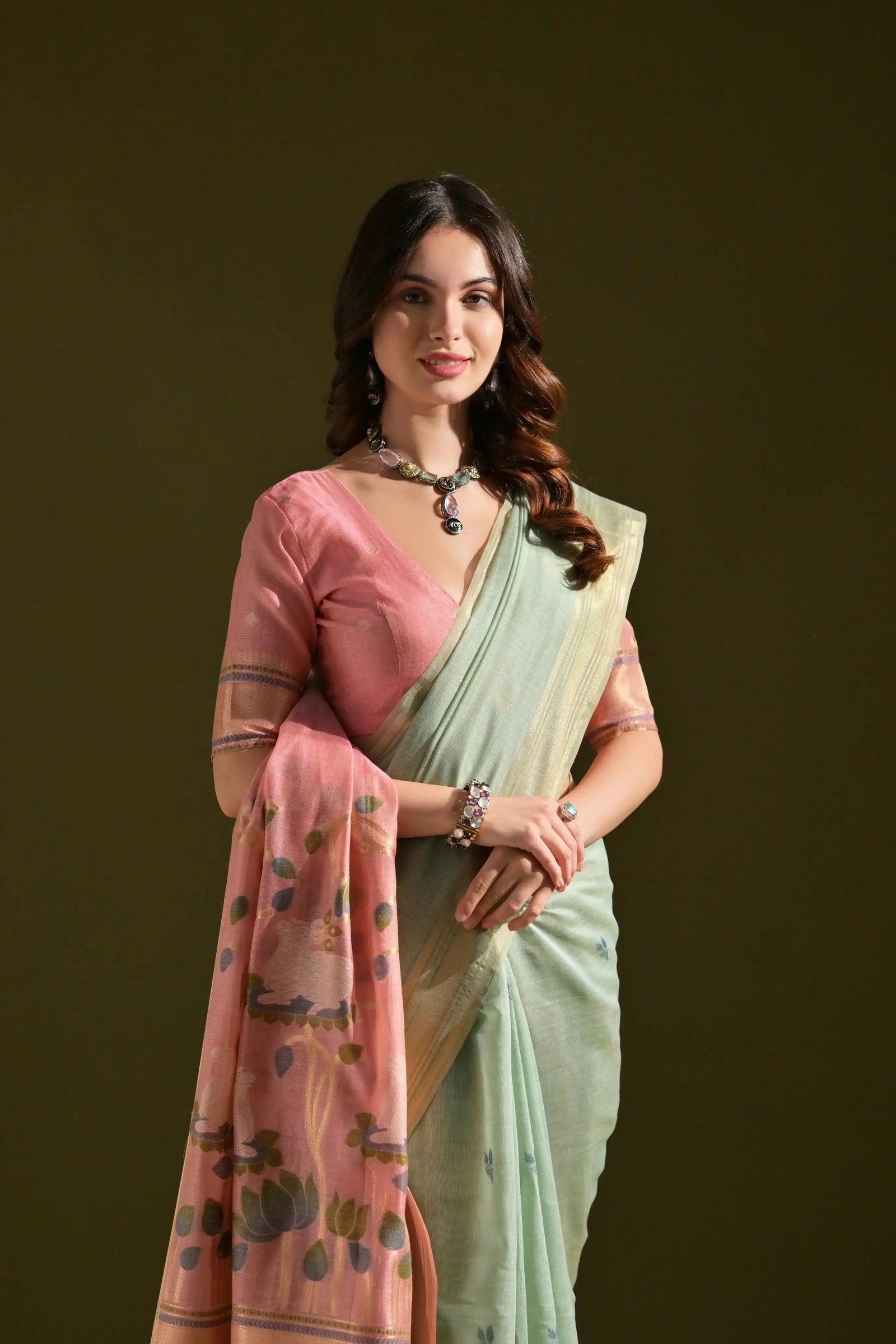 Sky Blue Resham Weaving Saree pink contrast blouse and pallu closeup