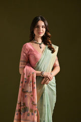 Sky Blue Resham Weaving Saree pink contrast blouse and pallu closeup