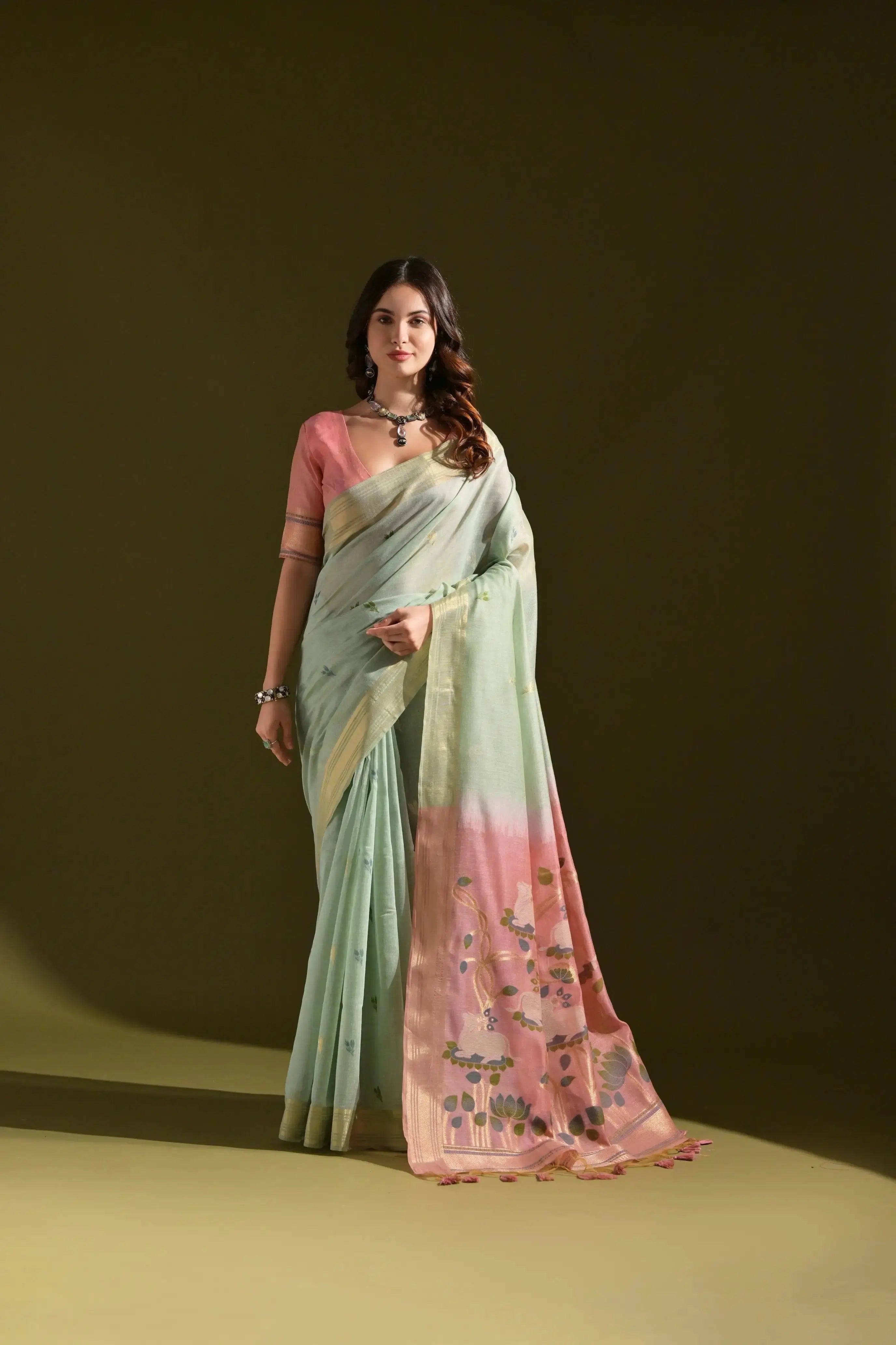 Sky Blue Resham Weaving Saree with contrast pink pallu front drape view
