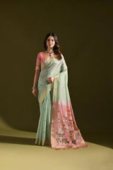 Sky Blue Resham Weaving Saree with contrast pink pallu front drape view