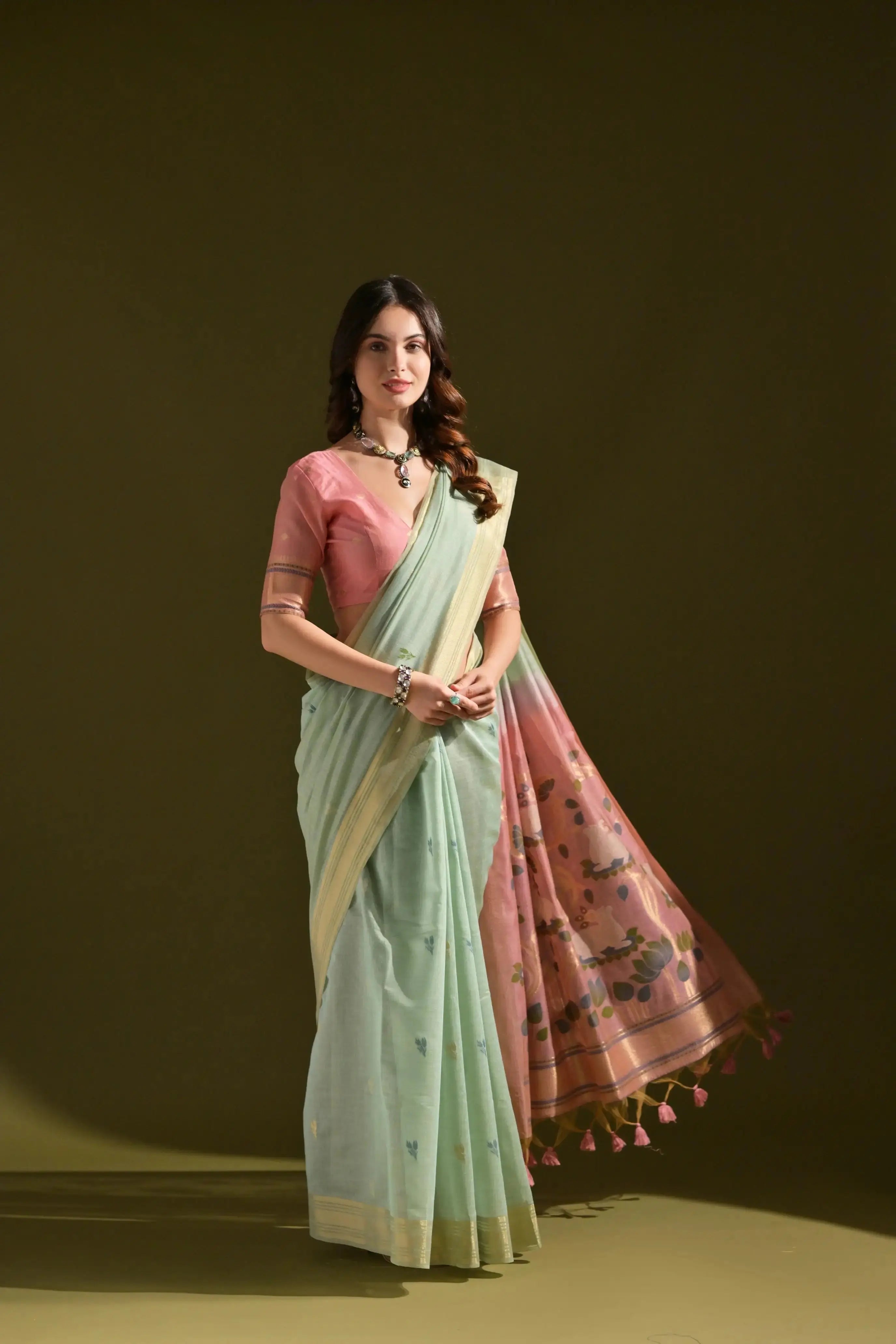 Sky Blue Resham Weaving Saree pink printed pallu flowing view