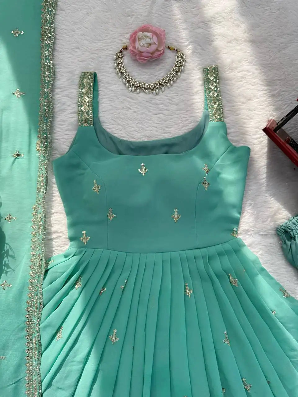 Sky Blue Sequins Embroidered Suit – Bodice Detail Flat Lay with Sequin Strap Work | KU251