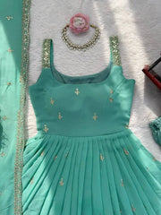 Sky Blue Sequins Embroidered Suit – Bodice Detail Flat Lay with Sequin Strap Work | KU251