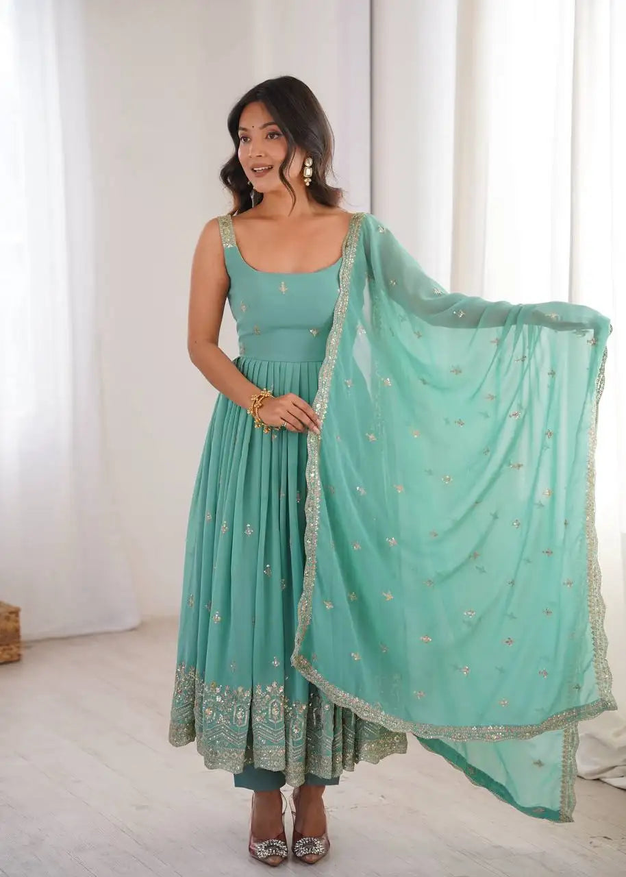 Sky Blue Sequins Embroidered Suit Full Length Front View with Dupatta Spread | KU251