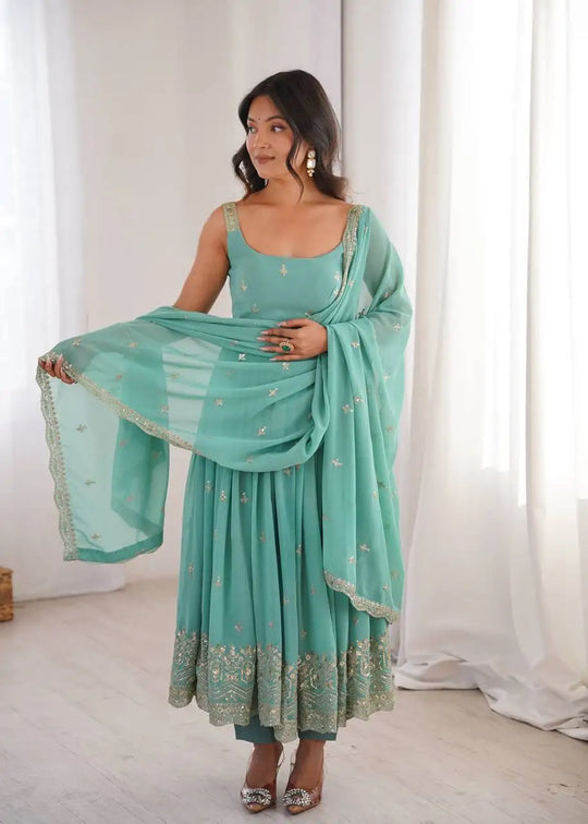Sky Blue Sequins Embroidered Anarkali Suit – Front View with Dupatta | KU251