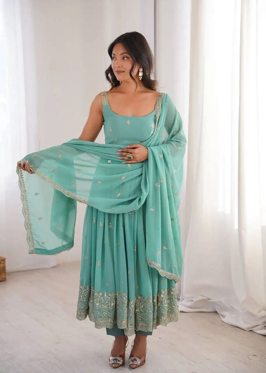 Sky Blue Sequins Embroidered Anarkali Suit – Front View with Dupatta | KU251