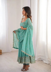 Sky Blue Anarkali Suit – Side View showing Sequins Hem & Dupatta | KU251