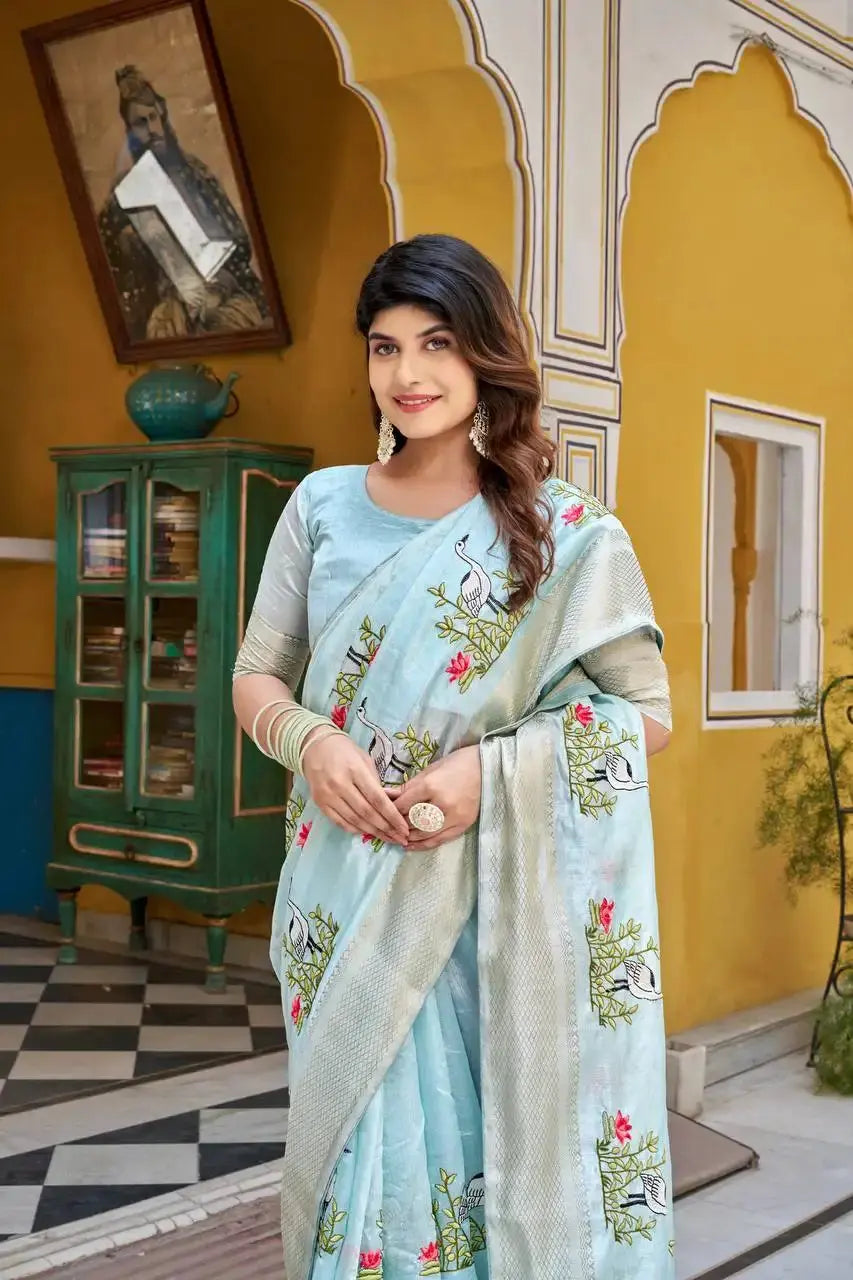 Close-up of Sky Blue Thread Embroidered Jacquard Saree fabric and embroidery