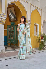 Sky Blue Thread Embroidered Jacquard Saree walking pose with zari border