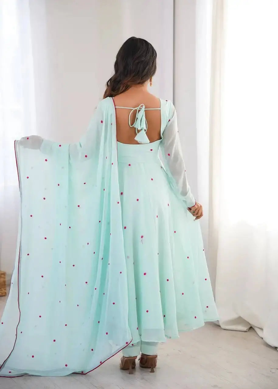 Sky Blue Anarkali Suit Back View – Open Back with Tassel Dori Tie-Up Design