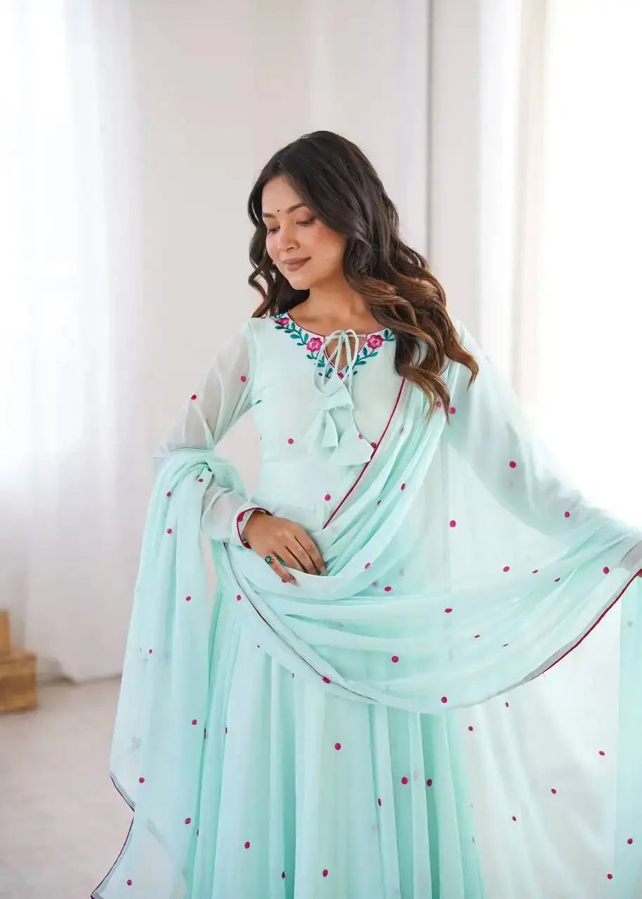 Sky Blue Faux Georgette Anarkali Suit with Dupatta Display – Full Length View