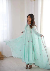 Sky Blue Thread Embroidered Suit Showing Anarkali Flare in Motion