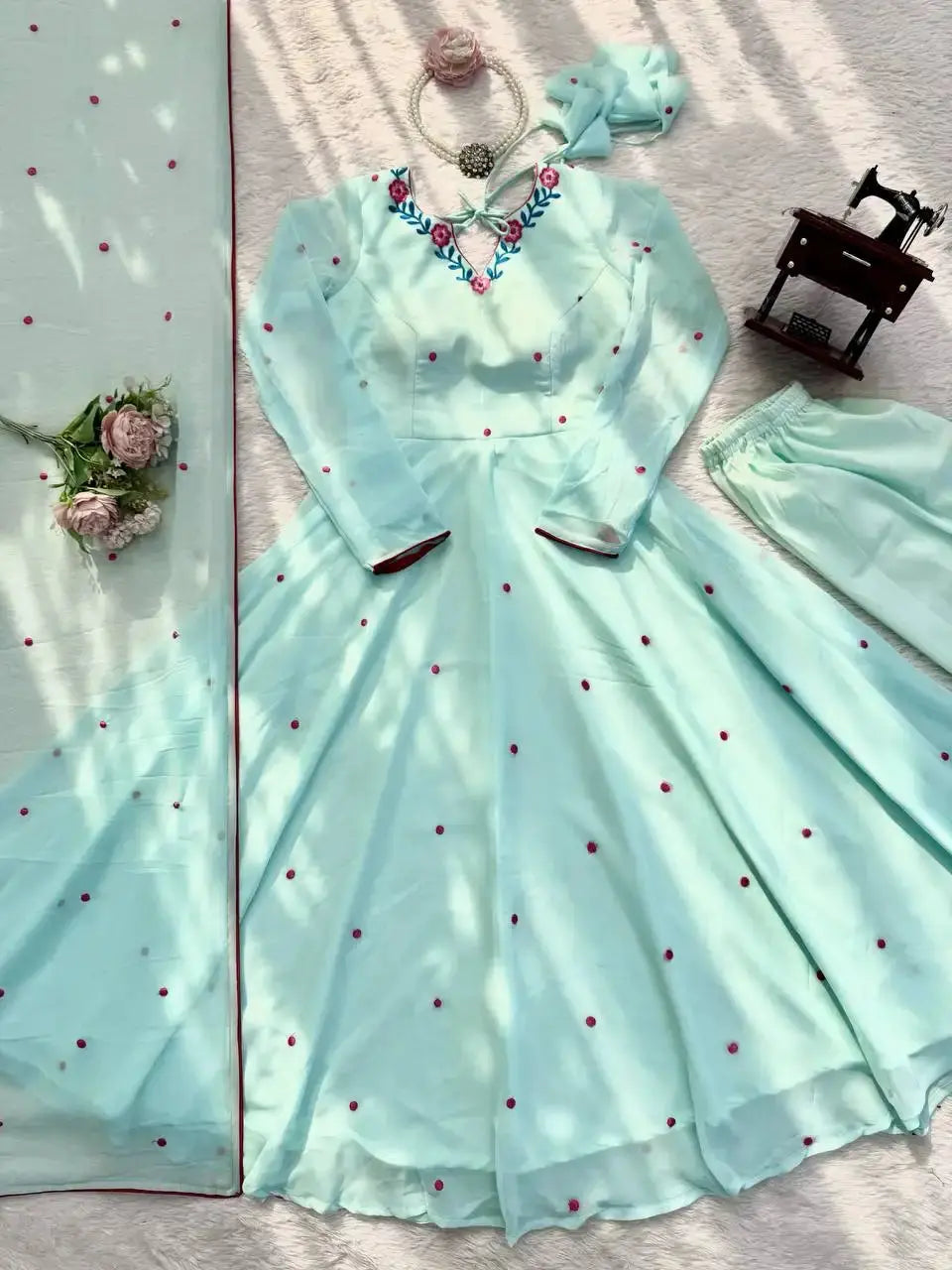Sky Blue Thread Embroidered Anarkali Suit Flat Lay – Full Set with Pant and Dupatta