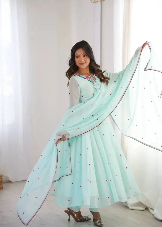 Sky Blue Thread Embroidered Anarkali Suit – Model with Faux Georgette Dupatta in Motion