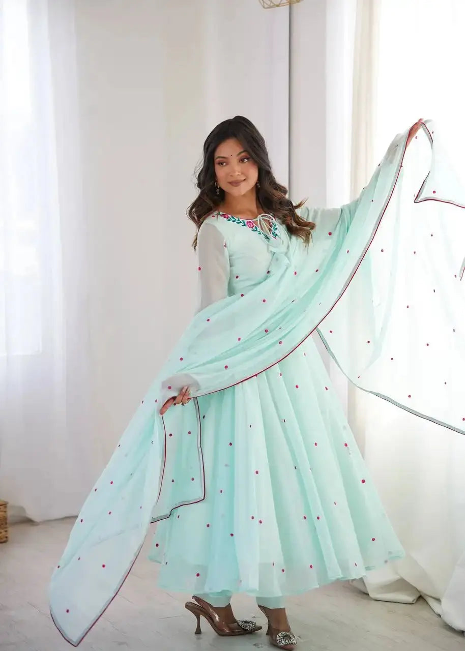 Sky Blue Thread Embroidered Anarkali Suit – Model with Faux Georgette Dupatta in Motion