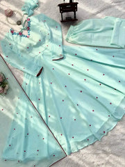 Sky Blue Anarkali Suit Spread Flat Lay – Suit with Floral Booti Dupatta KU204