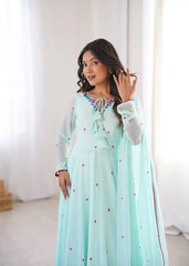 Sky Blue Suit Portrait Close-Up – Floral Thread Embroidery V-Neck with Dori Tie Detail