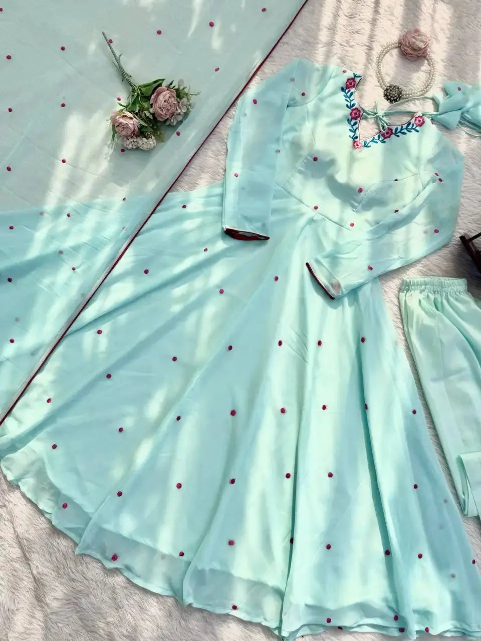 Sky Blue Anarkali Suit Set Flat Lay – Suit, Straight Pant and Dupatta with Accessories