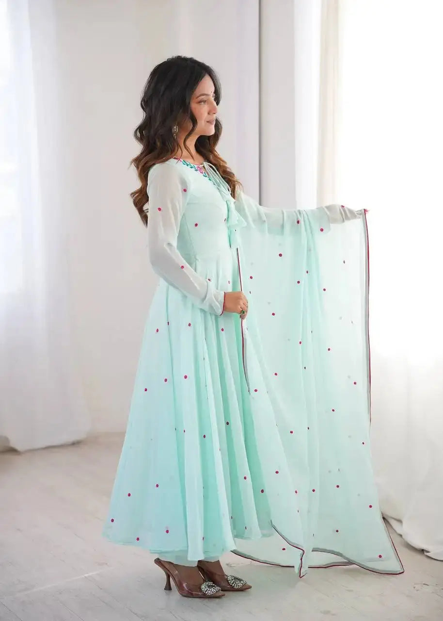 Sky Blue Anarkali Suit Side View – Full Sleeve with Thread Work and Booti Dupatta