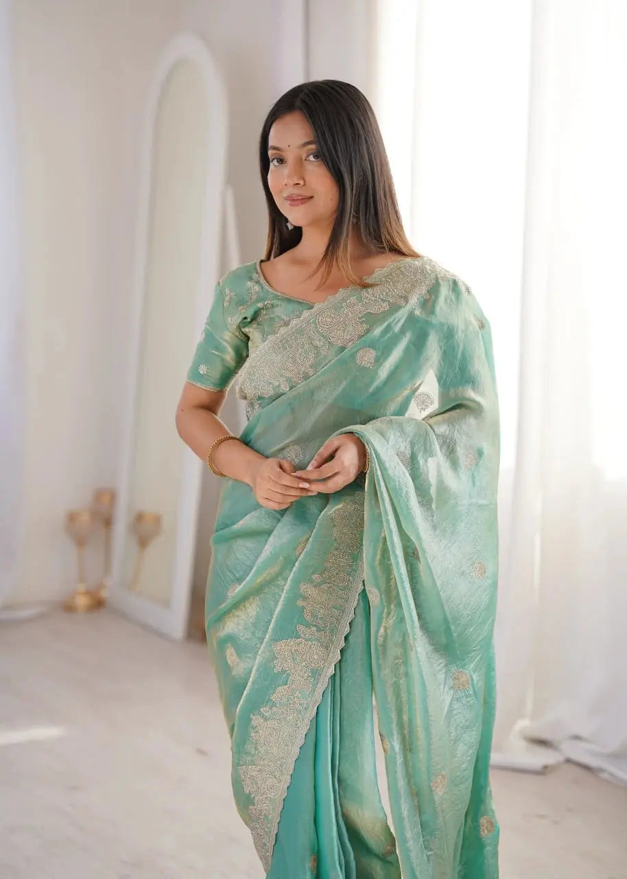 Sky Blue Zari Embroidered Saree front portrait with zari blouse detail