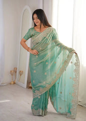 Sky Blue Zari Embroidered Saree side view with embroidered pallu