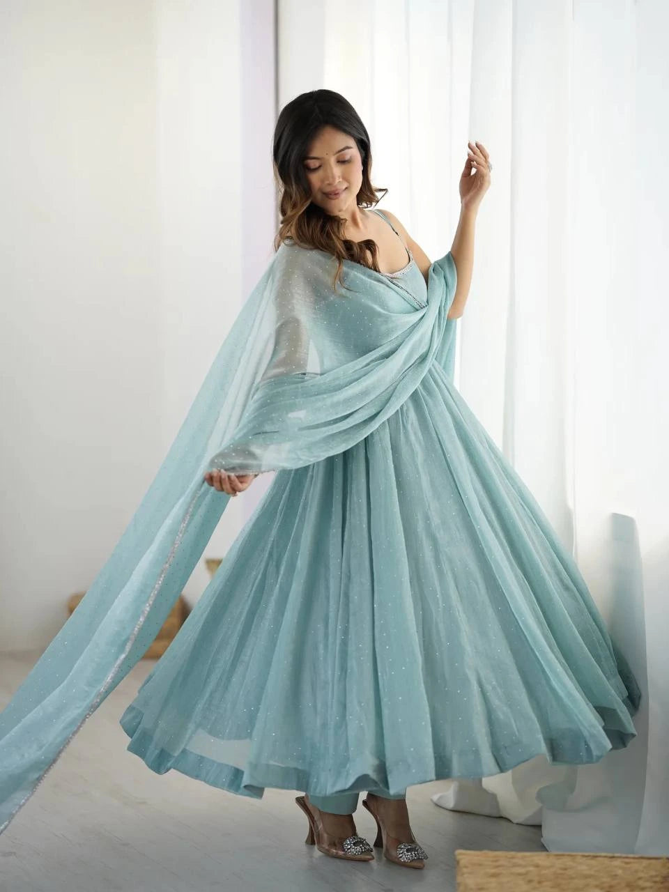 Sky Blue Crunchy Silk Suit