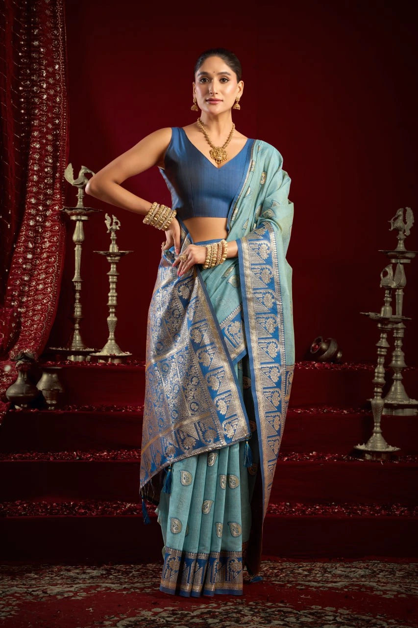Woman in a blue saree with a red background