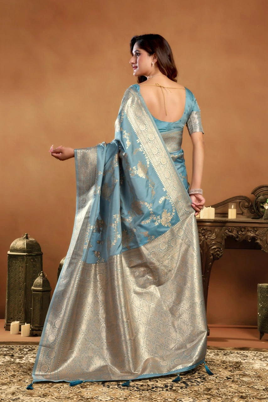 Woman wearing a blue and silver saree with a brown background