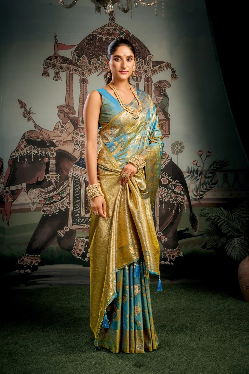 Woman in a traditional saree standing in front of a decorative wall.