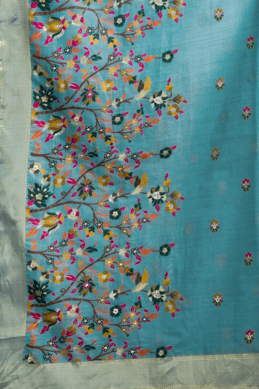 Decorative fabric with colorful floral and bird pattern on a blue background