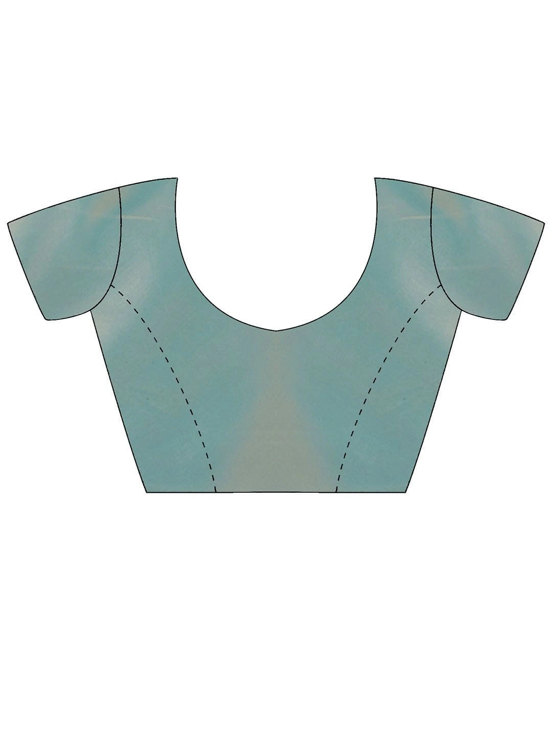 A flat technical illustration of the blouse in a soft blue-green shade. It features a deep U-shaped neckline, short sleeves, and contoured seams (princess cut) for a tailored fit.
