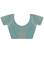 A flat technical illustration of the blouse in a soft blue-green shade. It features a deep U-shaped neckline, short sleeves, and contoured seams (princess cut) for a tailored fit.