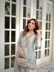 Detailed product listing of sky blue sequins embroidered satin silk suit from Kalyanja Fashion